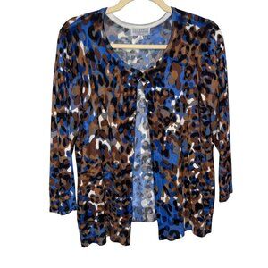 Joseph A. Petite Brown & Blue Leopard Print Cardigan Sweater Size MP
